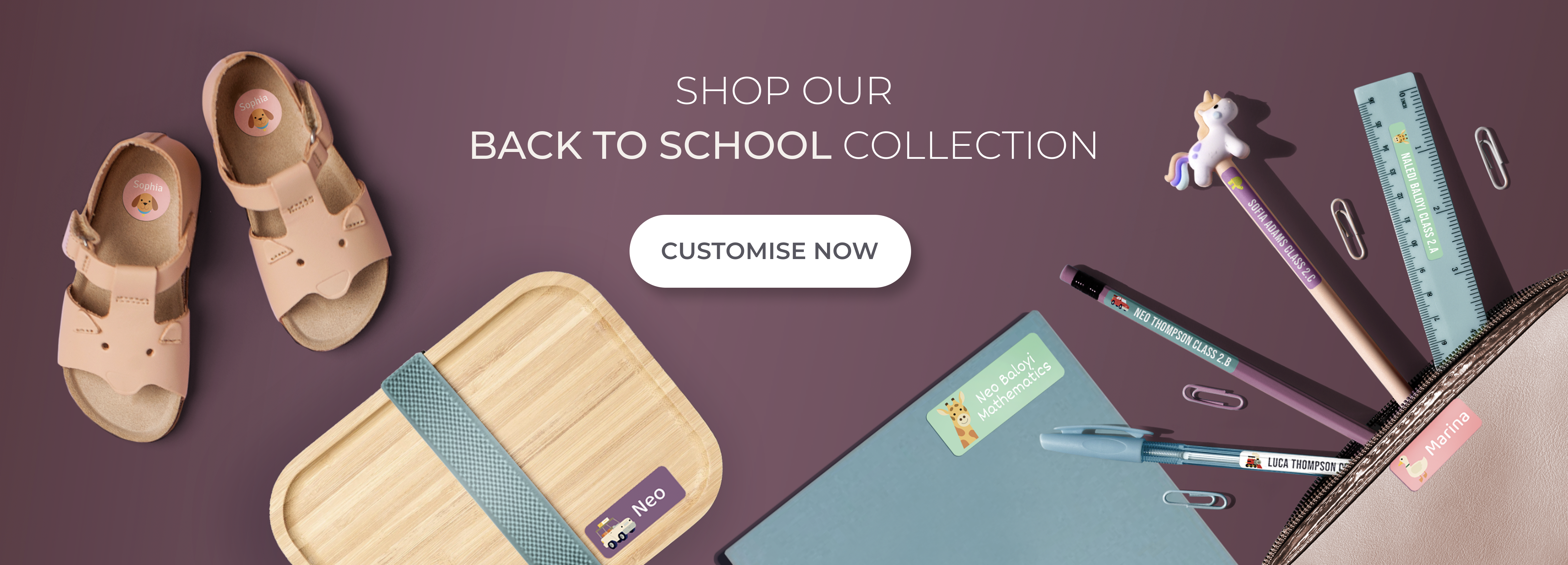 Customisable waterproof name labels for school and daycare on lunchboxes and stationery